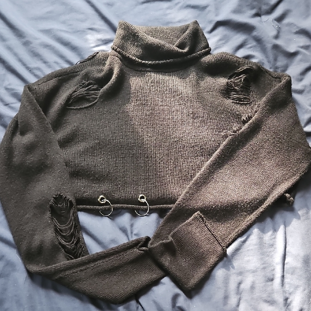 Hot Topic Distressed Black Turtleneck Sweater
